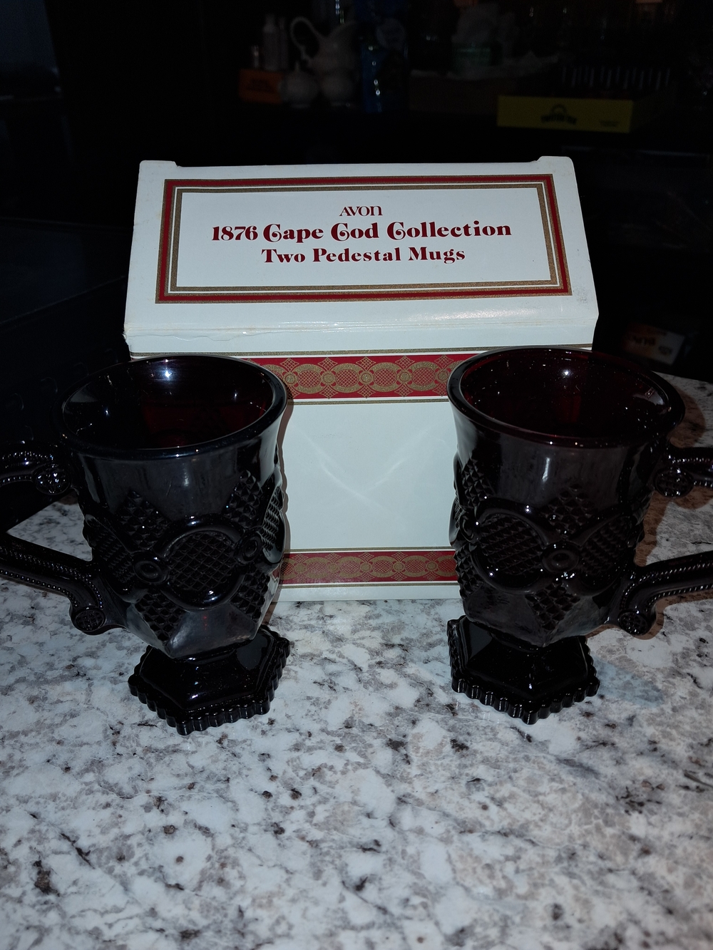 NEW IN BOX! Avon Cape Cod Collection Dark Ruby Pedestal Mugs - Pair